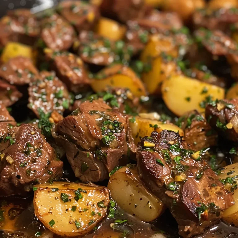 Heartwarming Garlic Butter Beef Bites: A Cozy Feast in Your Crockpot Close-up view of savory beef bites in garlic butter with baby potatoes.