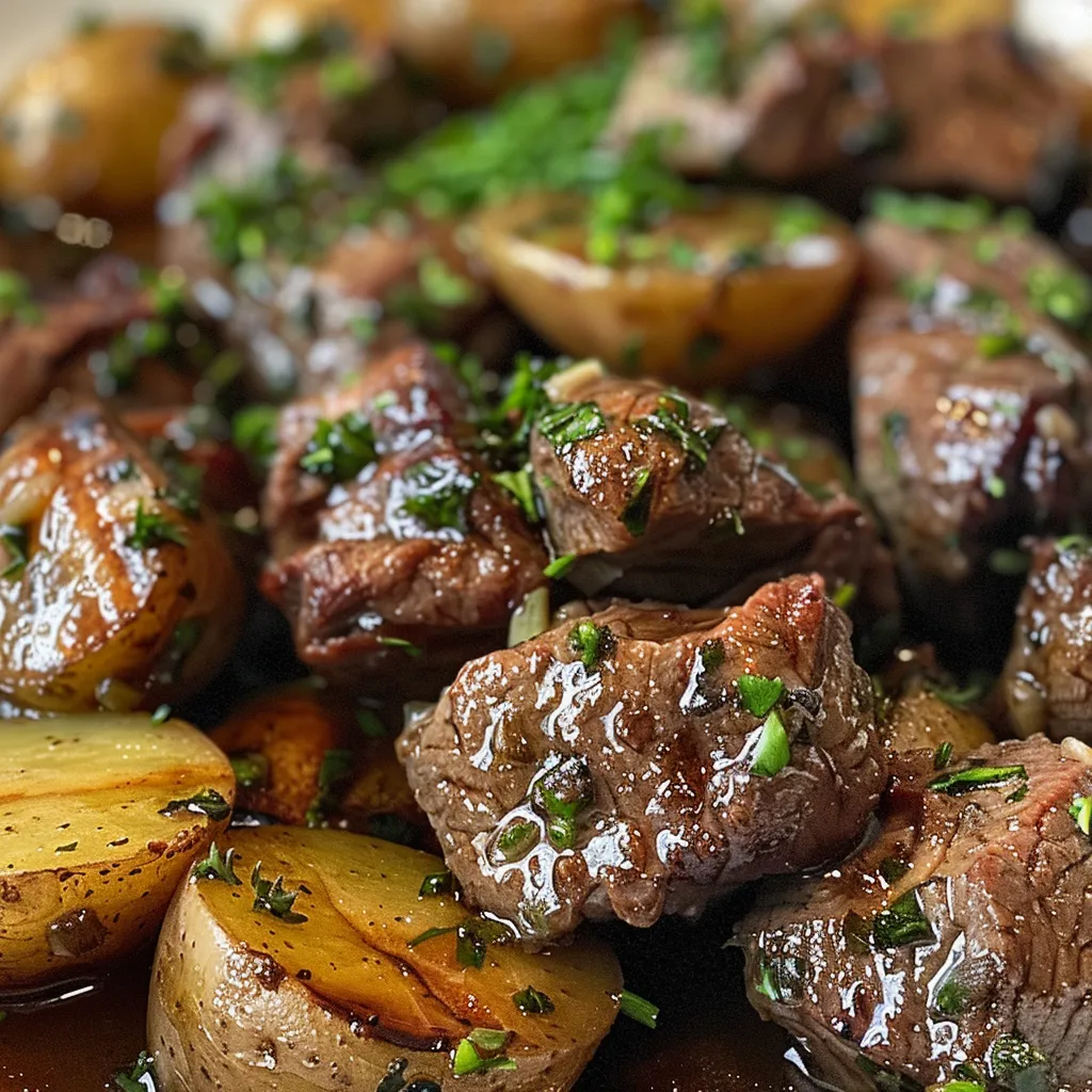 Juicy garlic butter beef cubes and halved baby potatoes in a crockpot.