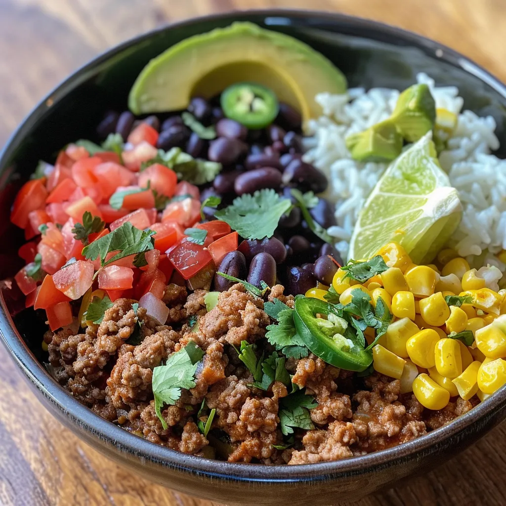 Side view of a delicious burrito bowl featuring ground beef, rice, and fresh vegetables.