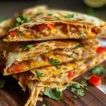 Close-up view of golden-brown shredded chicken quesadillas with melted cheese, peppers, and onions.