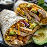 Close-up view of a Southwest grilled chicken wrap filled with colorful ingredients.