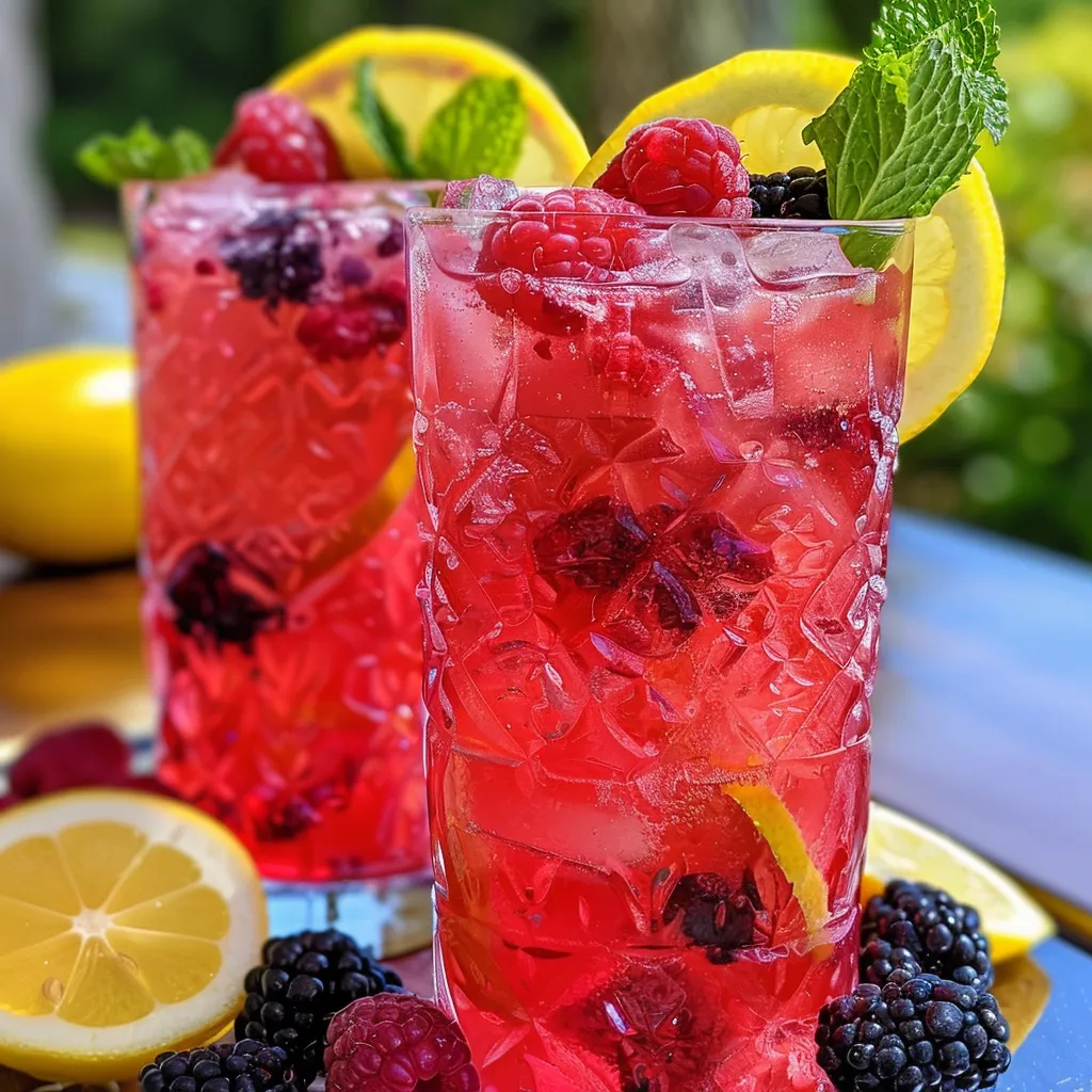 Refreshing glass of sparkling berry lemonade featuring vibrant colors and ice cubes.