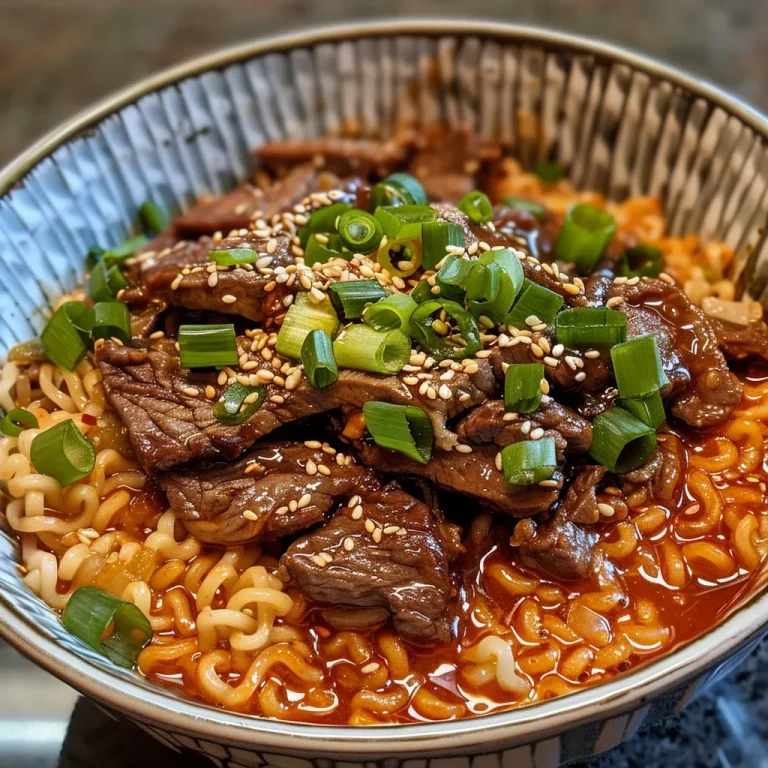 A Bowl of Comfort: Spicy Korean Ramen That Warms the Heart Close-up view of a bowl of Spicy Korean Ramen topped with grilled beef and creamy sauce.