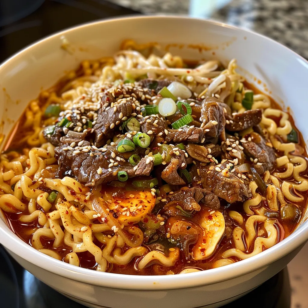 A side view of steaming Spicy Korean Ramen with slices of beef and garnished with green onions.