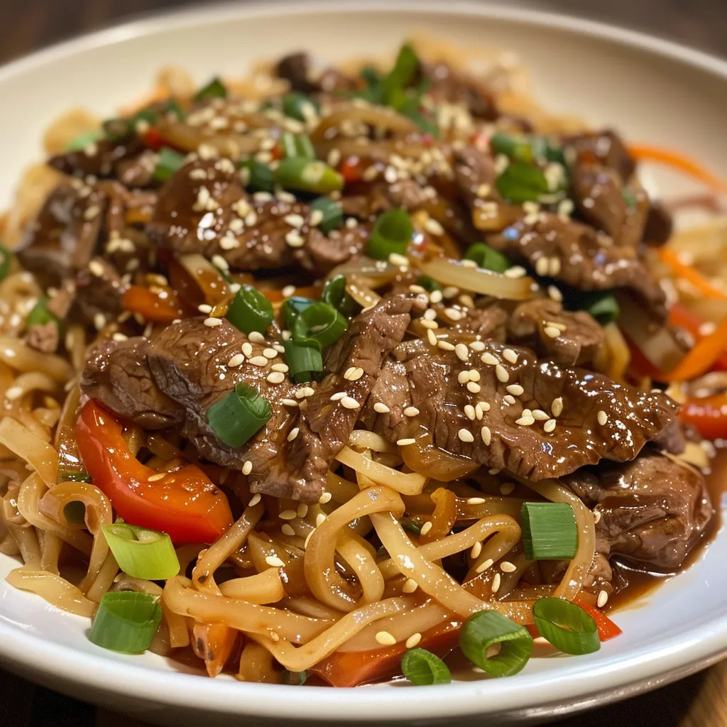 Juicy, cooked beef strips intertwined with rice noodles and colorful vegetables.