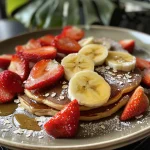 Close-up view of Strawberry Banana Protein Pancakes stacked on a plate, showcasing fresh strawberries on top.