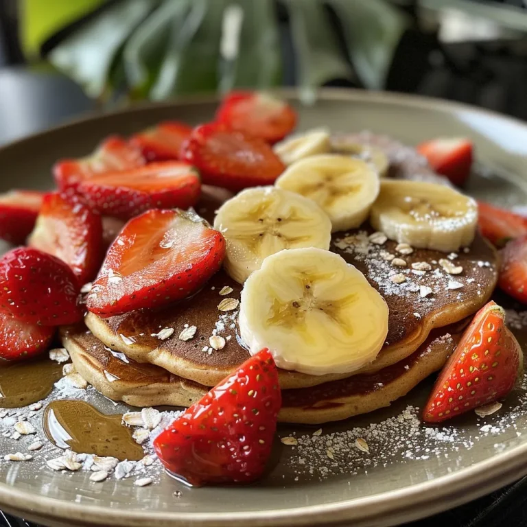 Close-up view of Strawberry Banana Protein Pancakes stacked on a plate, showcasing fresh strawberries on top.