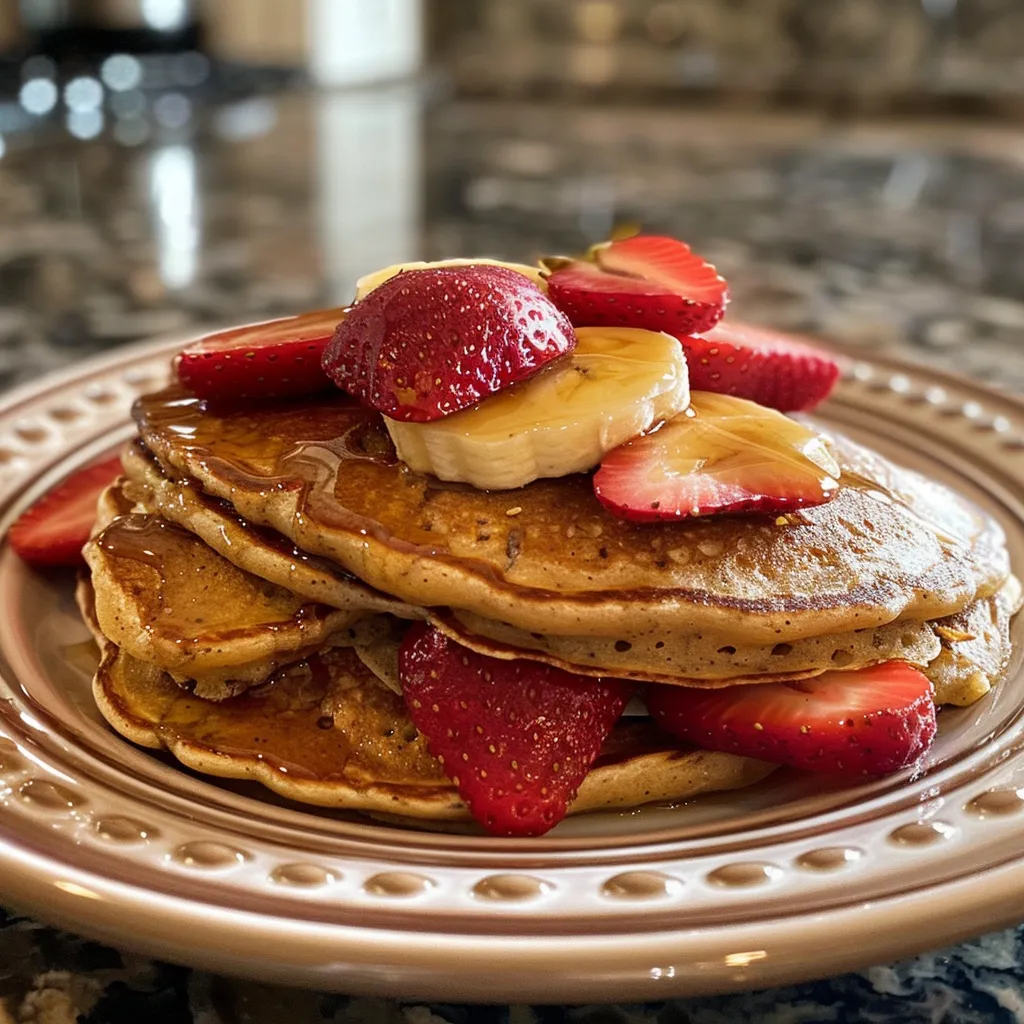 Side view of fluffy Strawberry Banana Protein Pancakes with a drizzle of syrup and sliced strawberries.