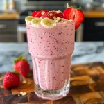 A close-up view of a vibrant strawberry banana smoothie in a glass, garnished with fresh fruit.