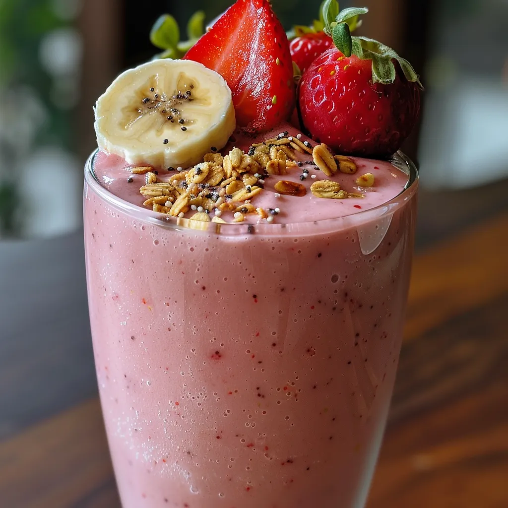 Side view of a refreshing strawberry banana smoothie with fruits.