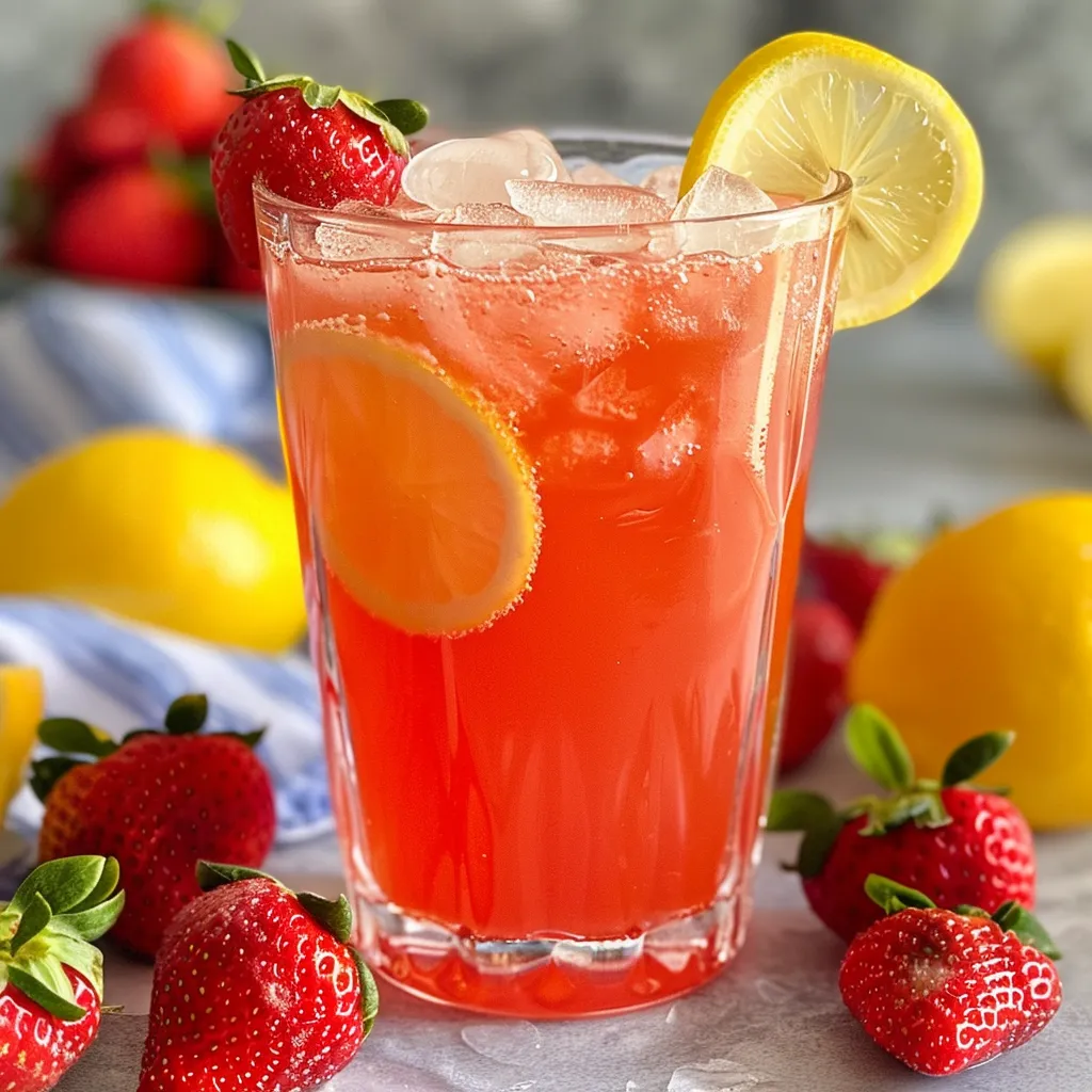 Side view of a vibrant strawberry lemonade mocktail in a glass, garnished with a slice of lemon.