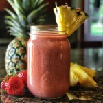 Close-up photo of a strawberry pineapple smoothie in a clear glass, showcasing vibrant colors.