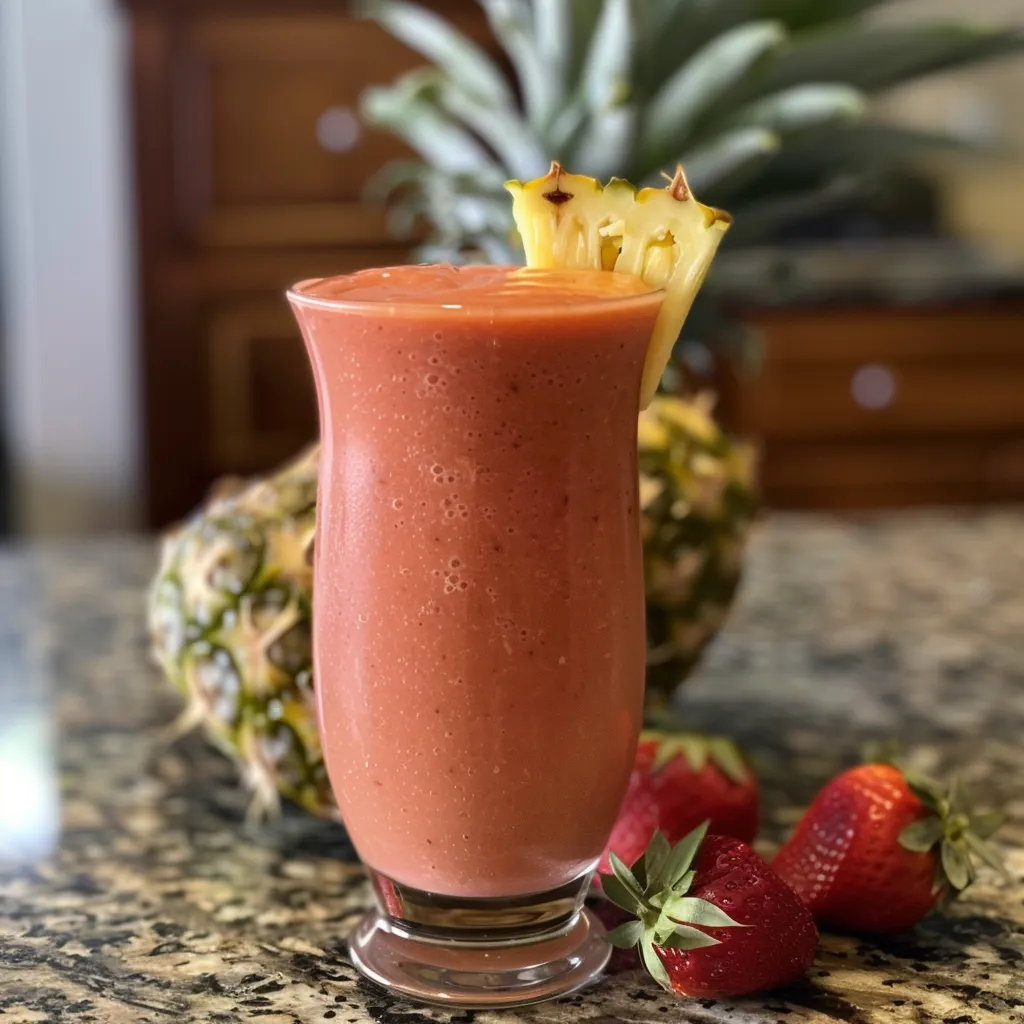 Side view of a refreshing strawberry pineapple smoothie, highlighting the texture and ingredients.