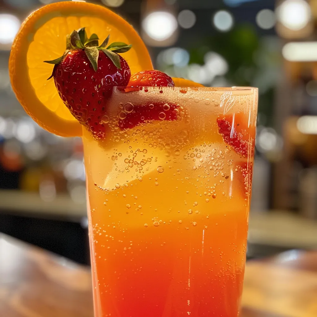 Side view of a vibrant strawberry sunrise mocktail in a glass, garnished with strawberries and an orange slice.