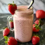 Close-up view of a vibrant strawberry vanilla bean smoothie in a glass.