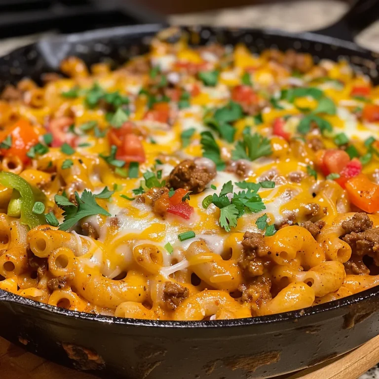 A Cozy Fusion: Taco Mac and Cheese That Feels Like Family Close-up view of creamy Taco Mac and Cheese with chopped red bell pepper.