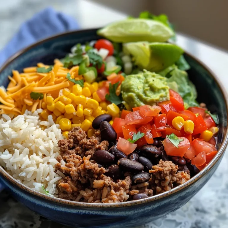 A Family Feast: Taco Rice Bowl That Brings Us Together Close-up of a taco rice bowl filled with ground beef, black beans, corn, and garnished with cheese and lettuce.