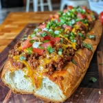 Close-up of Taco Stuffed Bread with melted cheese and toppings visible.