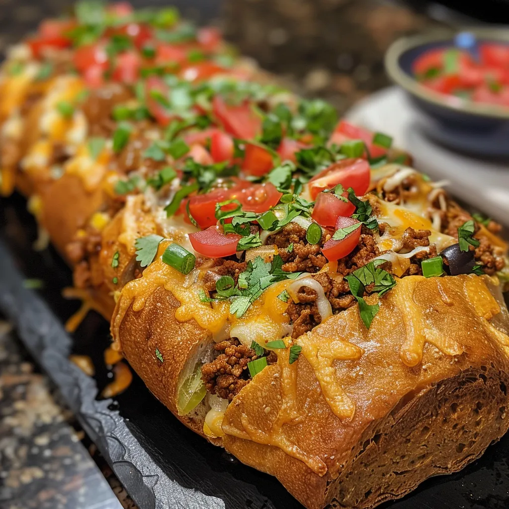 Side view of a loaf of Taco Stuffed Bread, showing its juicy filling and golden crust.