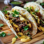 Close-up of a juicy taco filled with ground beef and dripping with cheese sauce.