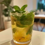 A refreshing Tropisk Mojito Mocktail in a clear glass with lime slices and fresh mint leaves.