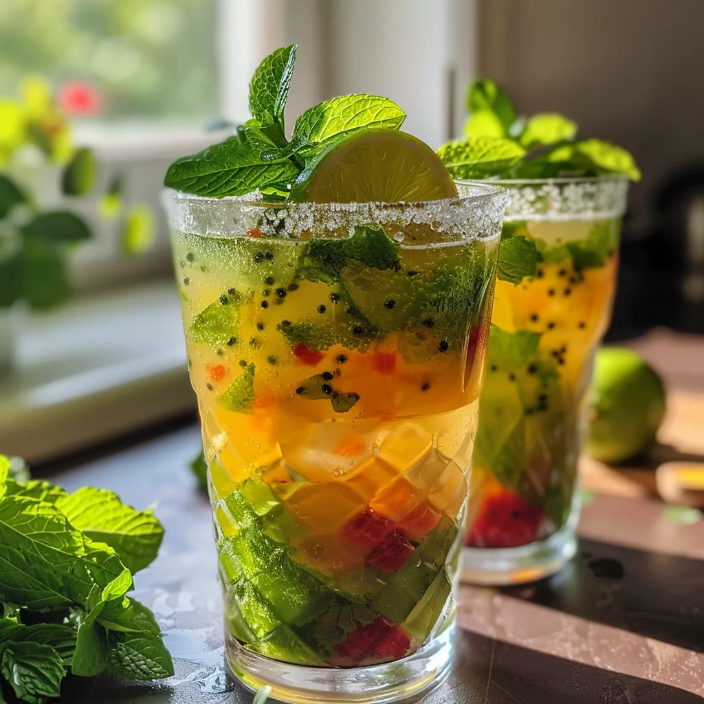 Close-up of a colorful Tropisk Mojito Mocktail, featuring a passion fruit slice and ice cubes.