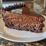 Close-up view of a rich chocolate dessert with a glossy ganache topping.
