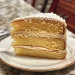 A close-up side view of a moist vanilla cake with creamy frosting.