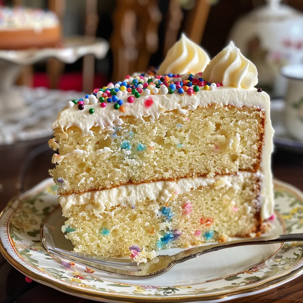Side view of a deliciously layered vanilla cake topped with whipped cream.