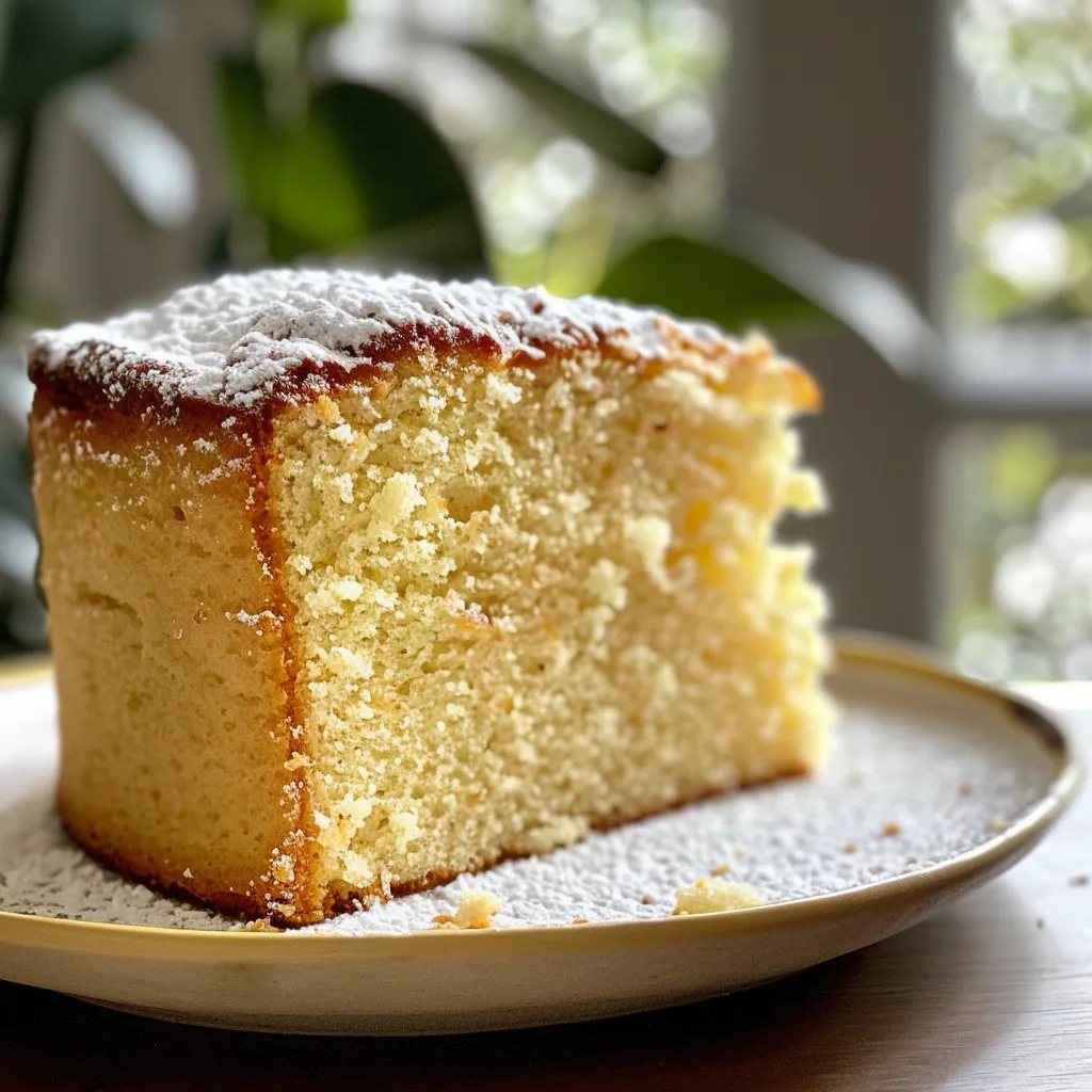 Side profile of a sliced vanilla sponge cake showcasing its fluffy texture.