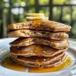 A close-up side view of fluffy vegan pancakes stacked on a plate.