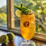Close up of a refreshing Winter Spritz cocktail featuring passion fruit syrup and mint leaves.