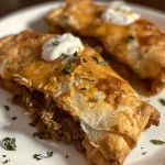 Close-up view of golden brown beef chimichangas served with toppings.