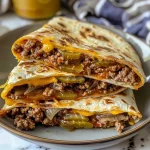 Close-up view of golden-brown air fryer cheeseburger wraps filled with cheese and ground beef.
