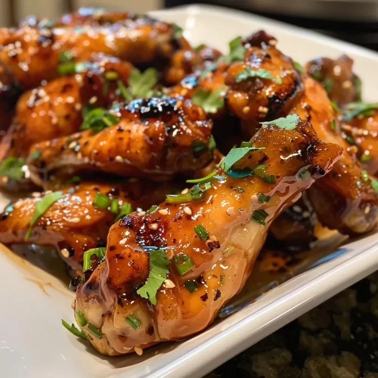 Wings of Love: Crafting Sweet Memories with Air Fryer Honey Garlic Chicken Juicy honey garlic chicken wings glistening in sauce, close-up side view.