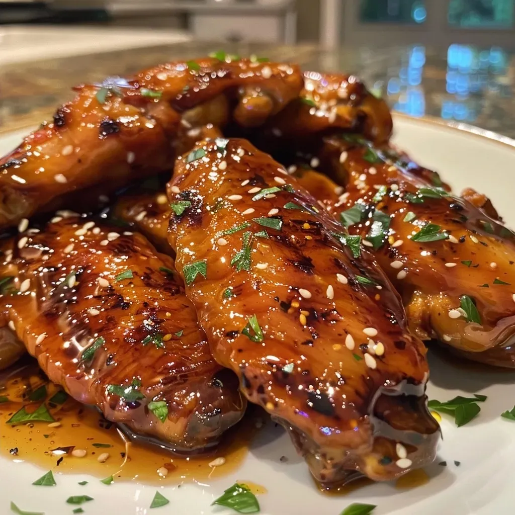 A plate of golden-brown air-fried chicken wings coated in honey garlic sauce.