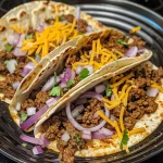 Close-up view of sizzling Air Fryer Tacos with melted cheese and fresh ingredients.