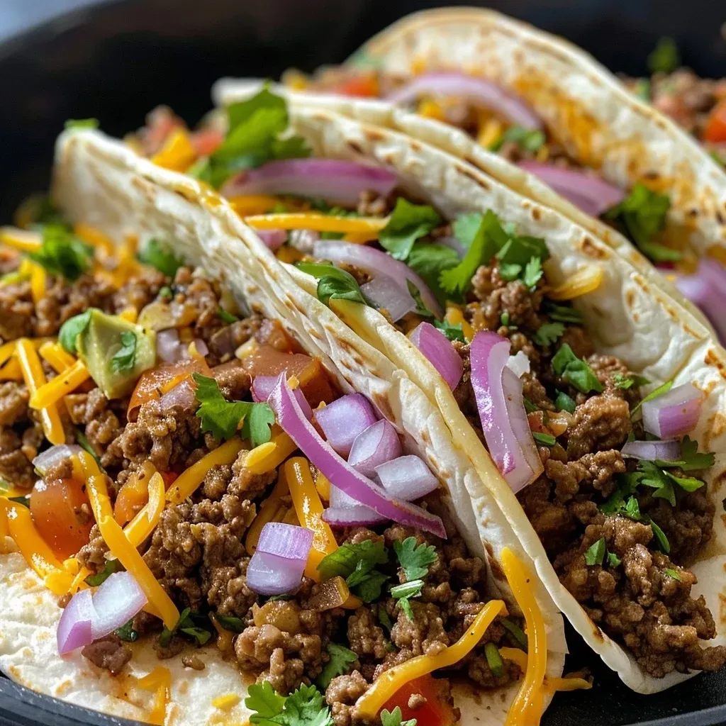 Juicy ground beef tacos garnished with ingredients, cooked in an air fryer.