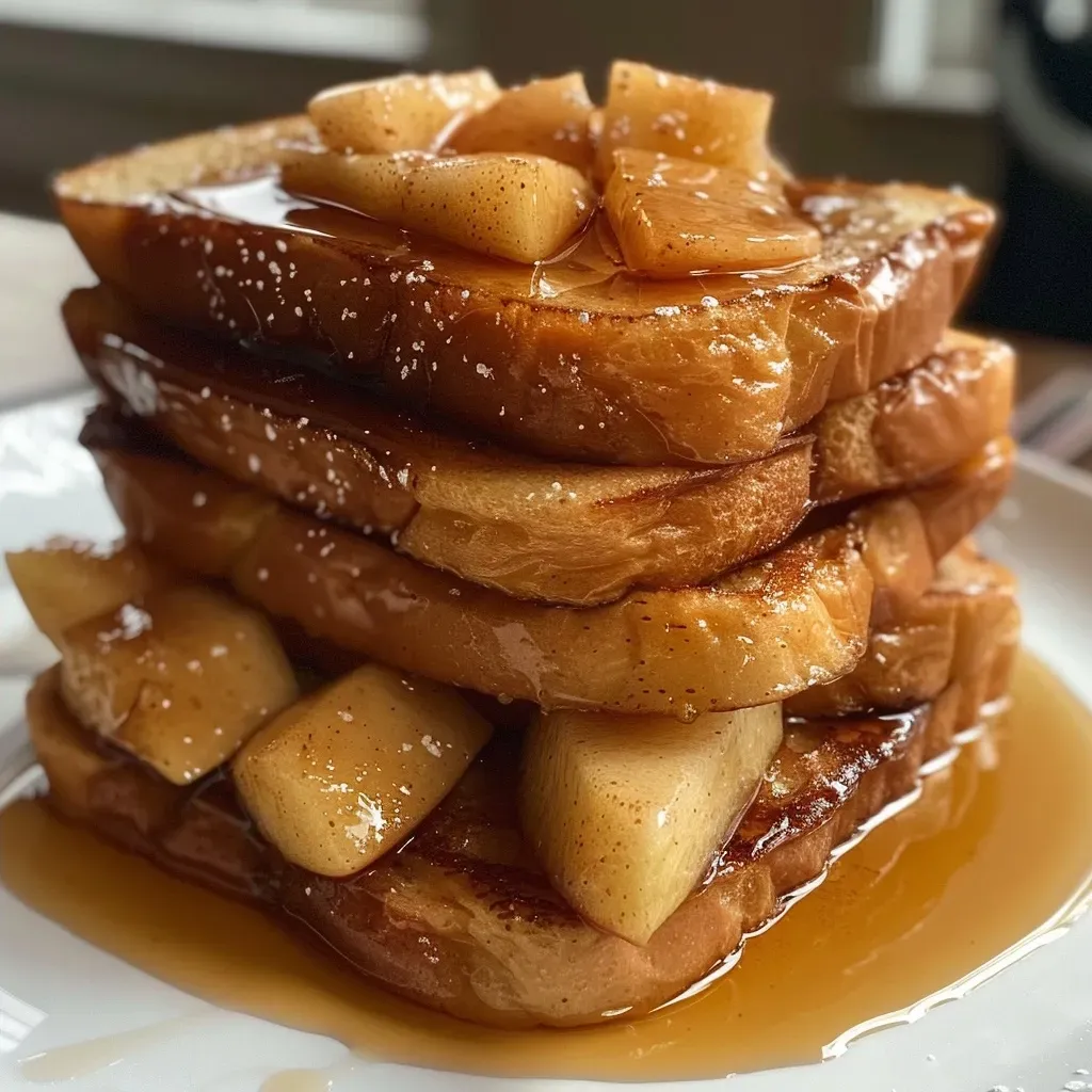 A mouth-watering piece of French toast garnished with apple slices and a sprinkle of cinnamon.