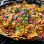 Close-up view of BBQ Chicken Skillet Nachos topped with melted cheese and cilantro.