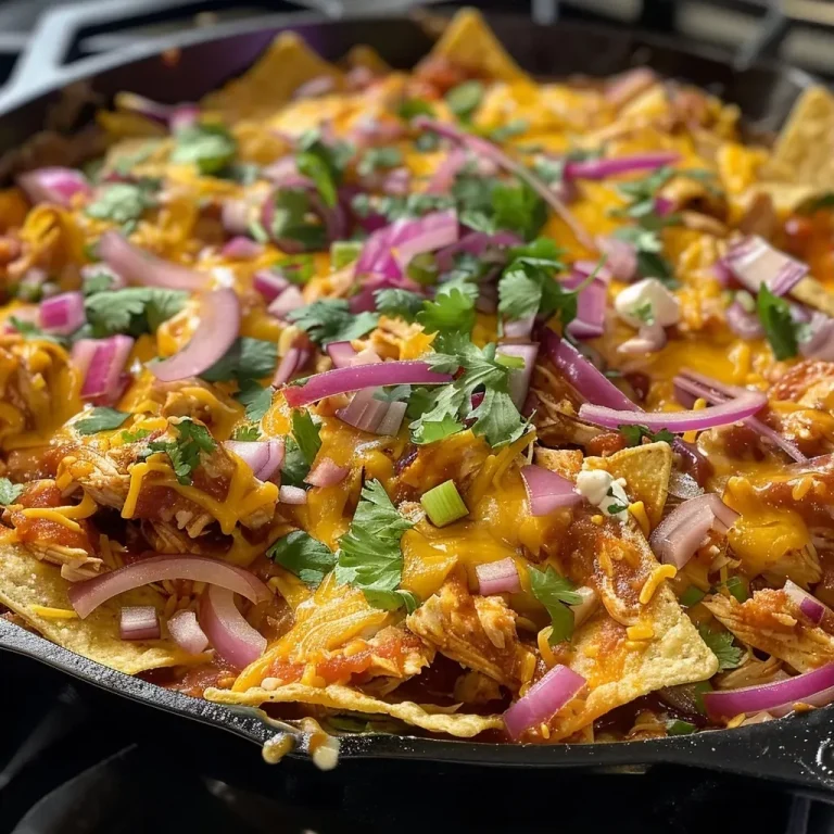 Crispy Nachos That Bring Family Together: A BBQ Chicken Delight Close-up view of BBQ Chicken Skillet Nachos topped with melted cheese and cilantro.