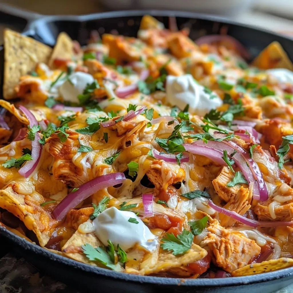 Juicy BBQ Chicken Skillet Nachos served in a skillet with tortilla chips and sour cream.