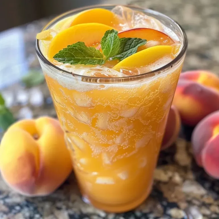 Close-up of a refreshing Beach Peach Lemonade drink in a clear glass with sliced peaches and mint.
