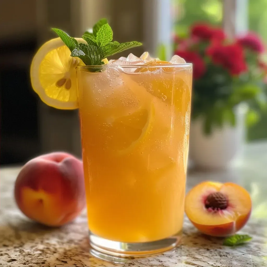 Juicy Beach Peach Lemonade served with ice and garnished with fresh mint leaves.