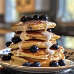 Close-up view of fluffy pancakes topped with fresh blueberries and a creamy drizzle.