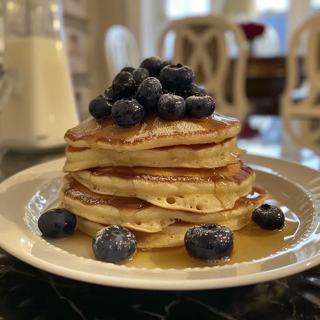 Side perspective of blueberry pancakes with cream and scattered berries on top.