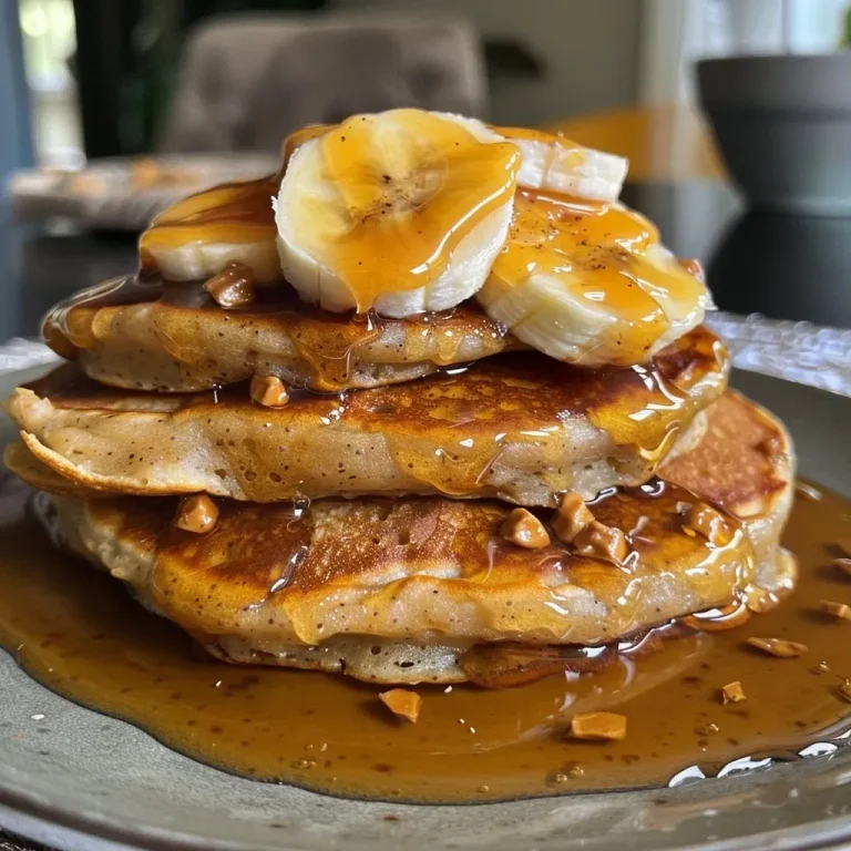 Close-up view of caramel banana protein pancakes topped with caramel drizzle.