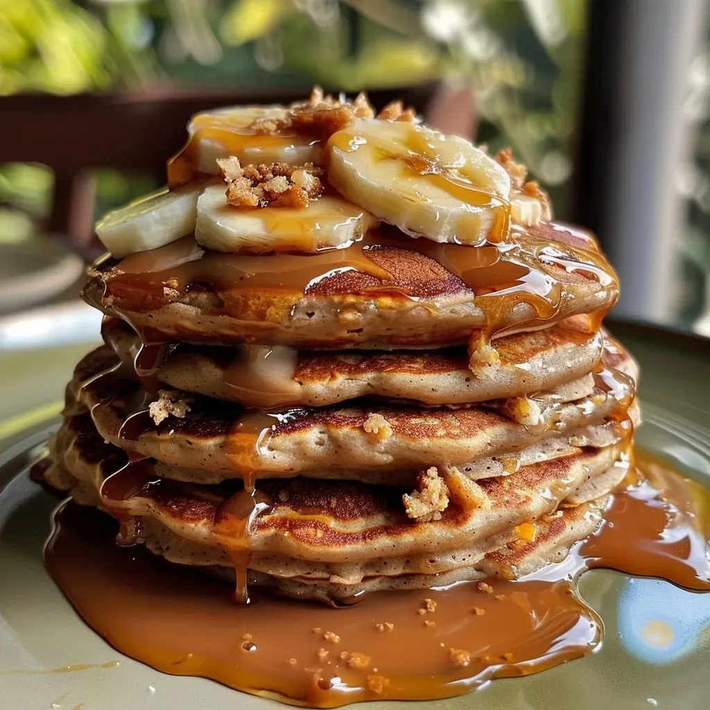 Side view of golden-brown protein pancakes with banana slices and caramel sauce.