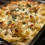 A close-up side view of a creamy Chicken Alfredo Bake with melted cheese.