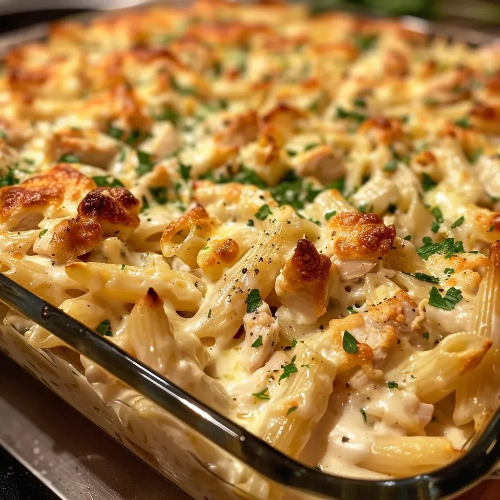 Juicy Chicken Alfredo Bake topped with golden mozzarella cheese and parsley.
